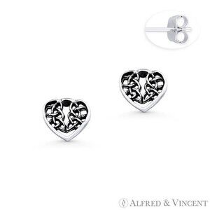 Woven Heart Charm Stud Earrings in Oxidized .925 Sterling Silver
